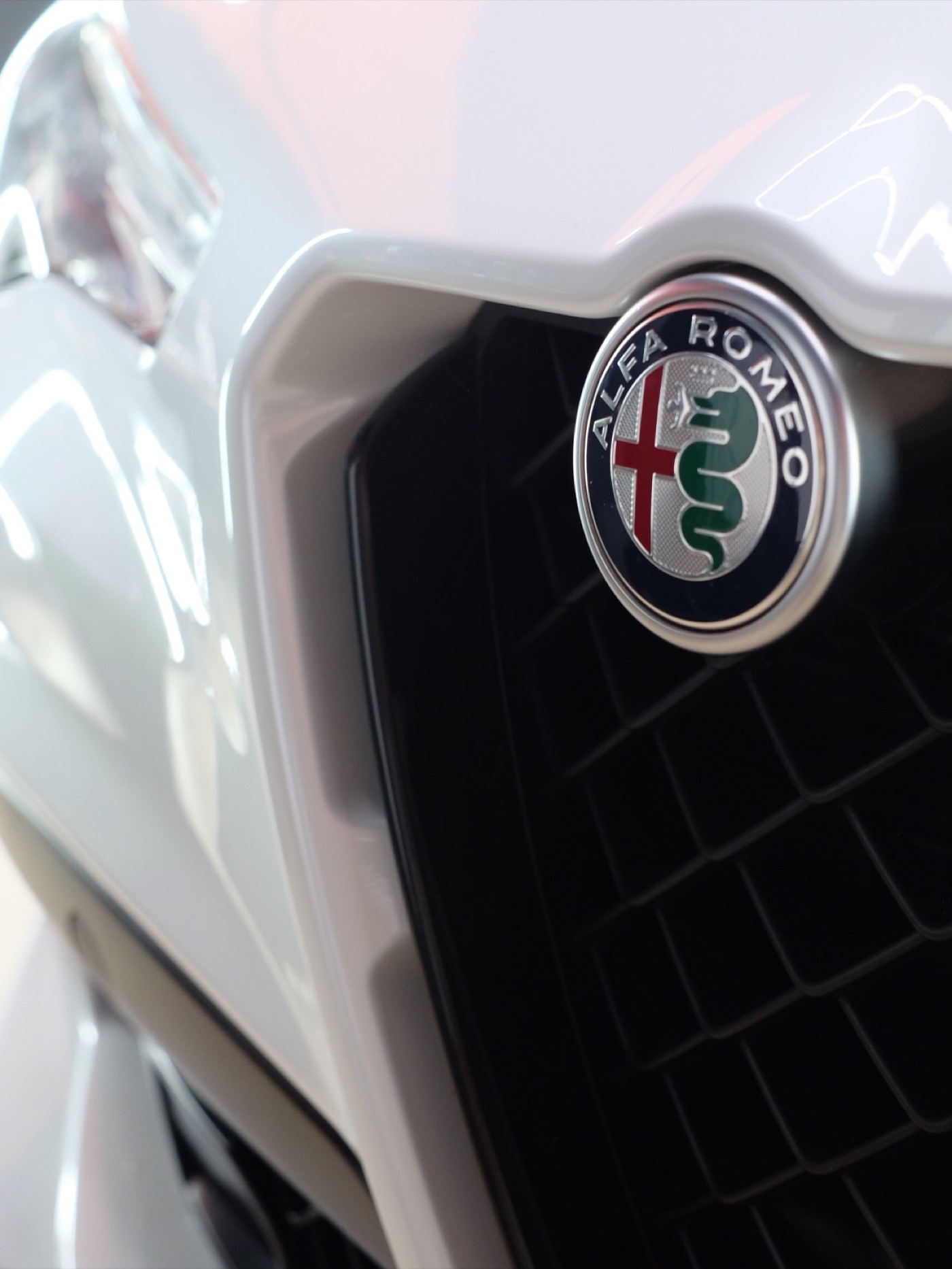 Detail znaku Alfa Romeo Stelvio Q4 po detailingu